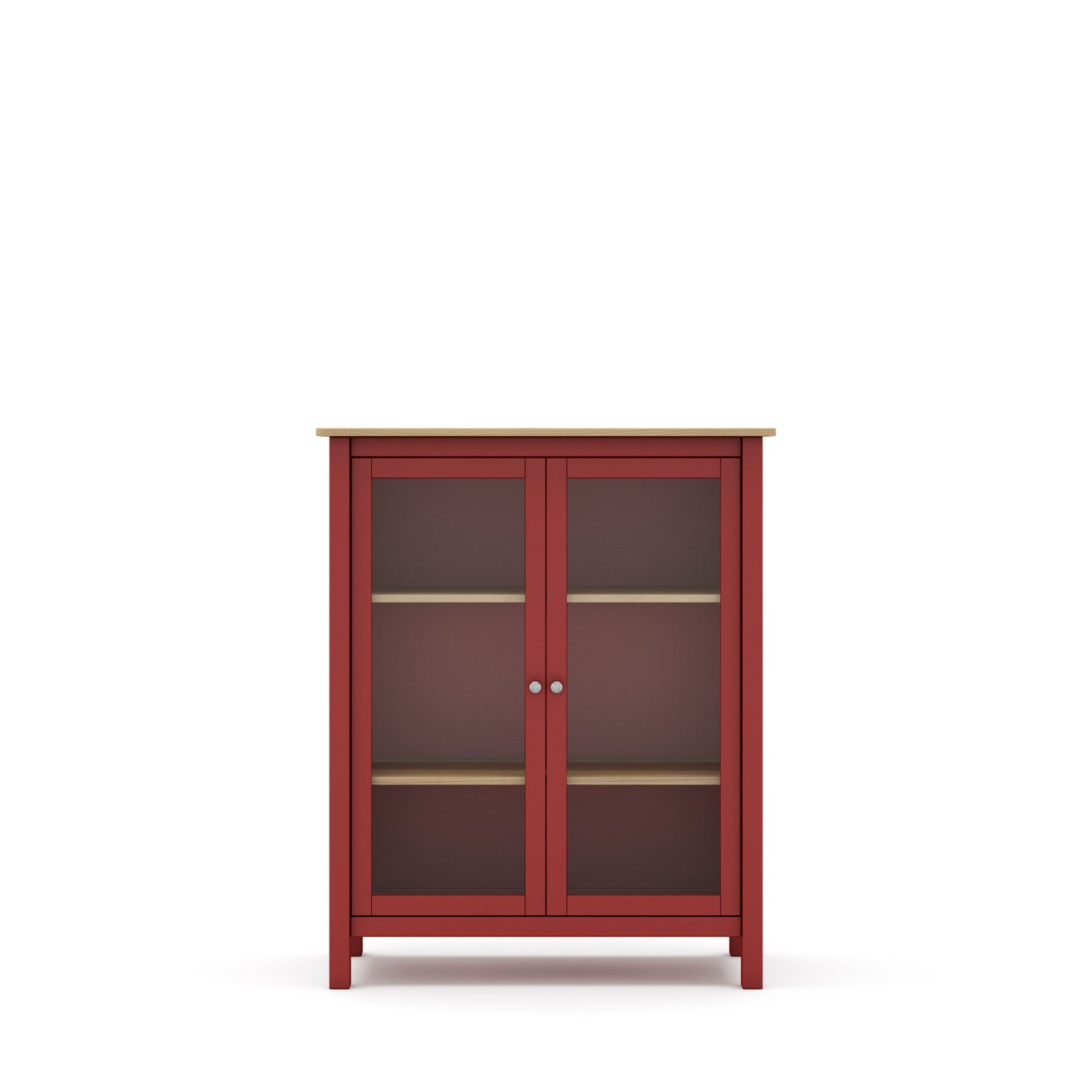 A red wooden cabinet with two glass doors, two interior shelves, and a light natural wood top, shown against a plain white background.