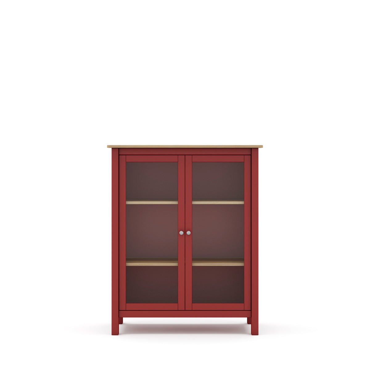A red wooden cabinet with two glass doors, two interior shelves, and a light natural wood top, shown against a plain white background.