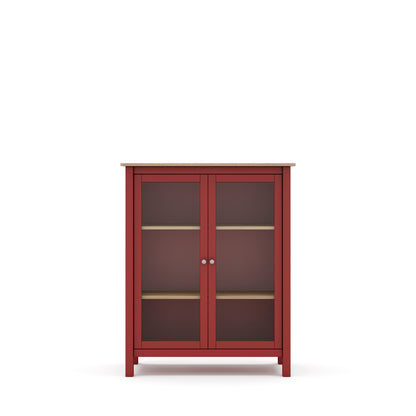 A red wooden cabinet with two glass doors, two interior shelves, and a light natural wood top, shown against a plain white background.