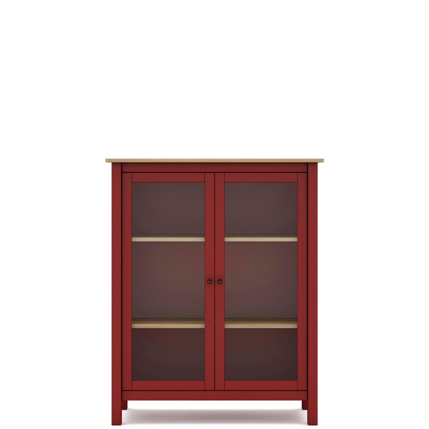 A red wooden cabinet with two glass doors, two interior shelves, and a light natural wood top, shown against a plain white background.