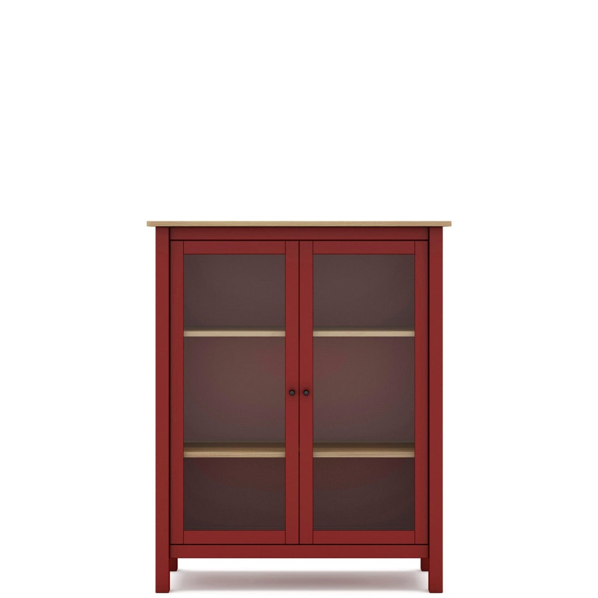 A red wooden cabinet with two glass doors, two interior shelves, and a light natural wood top, shown against a plain white background.