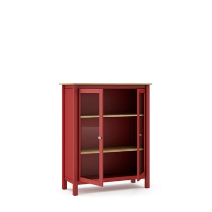 A red wooden storage cabinet with two glass doors and three interior shelves, shown on a plain white background.