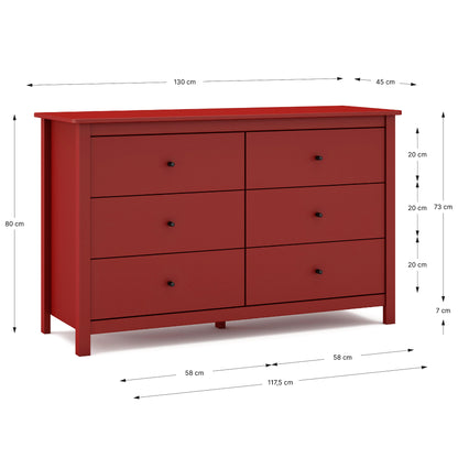 Red dresser with dimensions on a white background