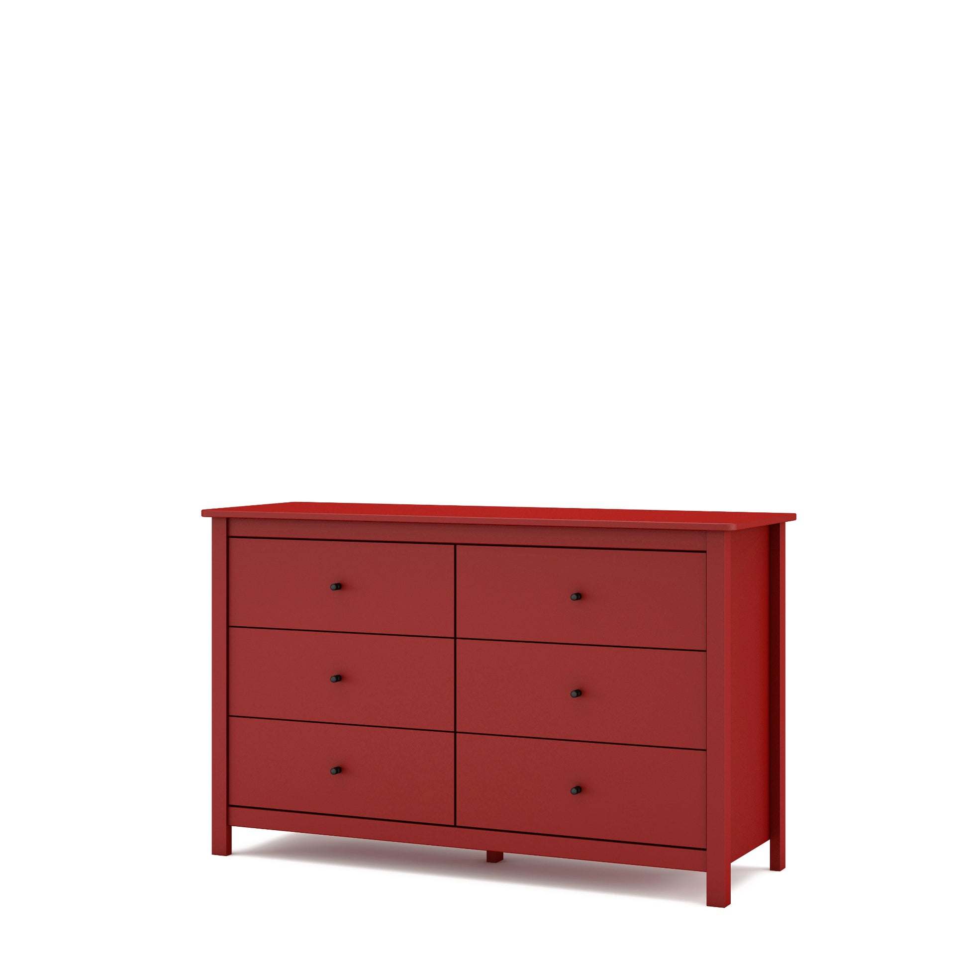 Red dresser with four drawers on a white background