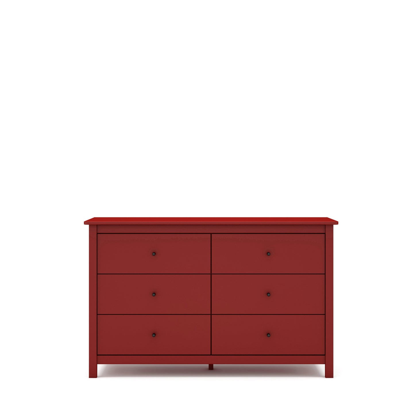 Red dresser with six drawers on a white background