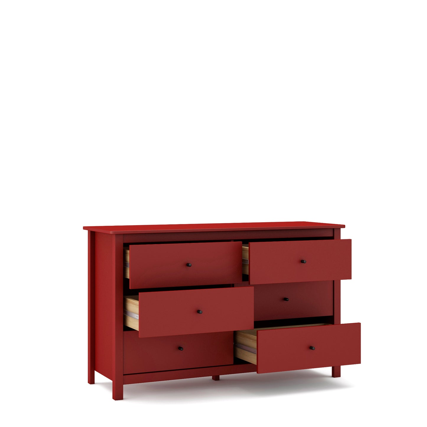 Red dresser with four drawers on a white background