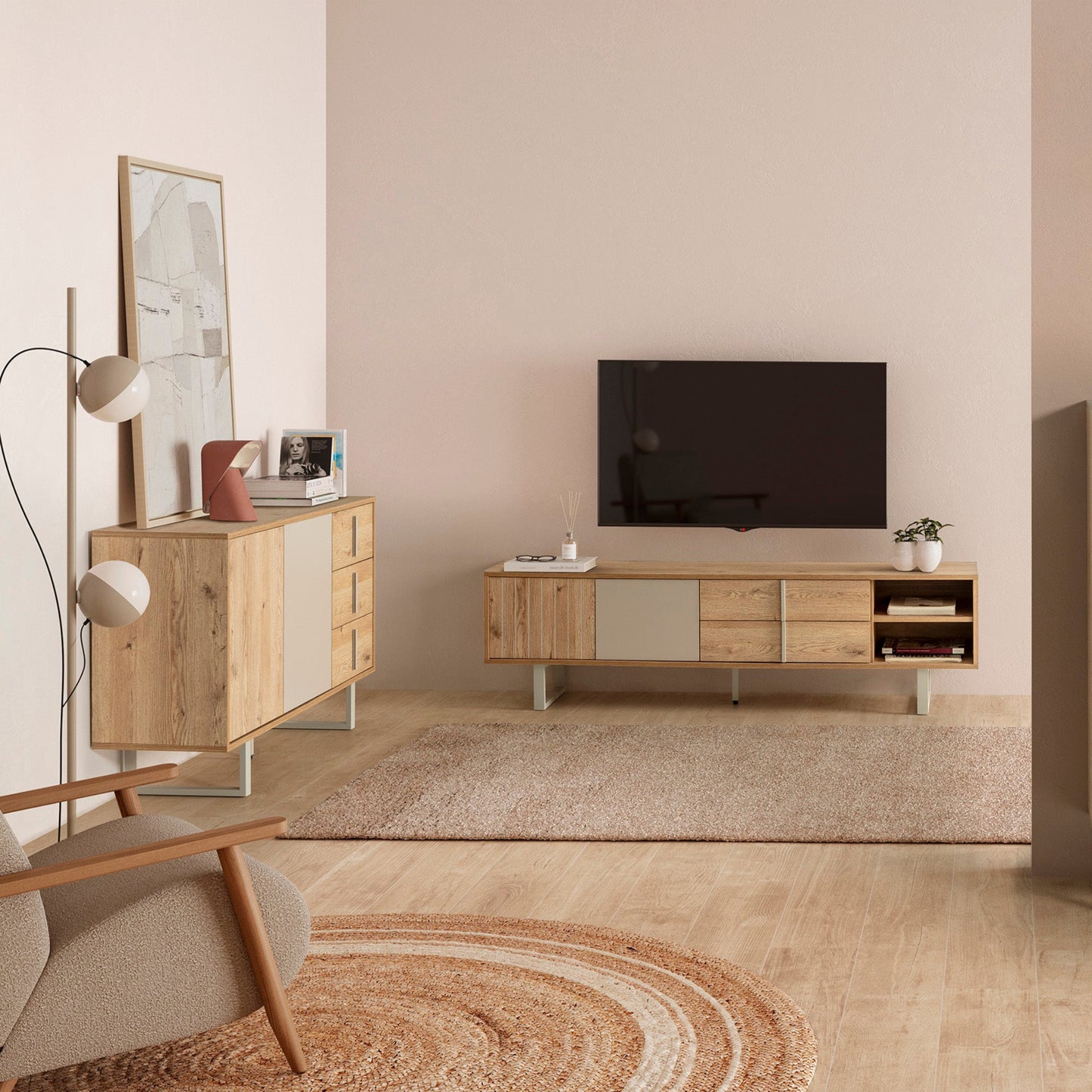 Millay Two Door, Three Drawer Sideboard - Light Oak and Taupe