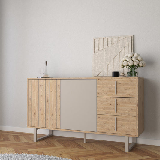 Millay Two Door, Three Drawer Sideboard - Light Oak and Taupe