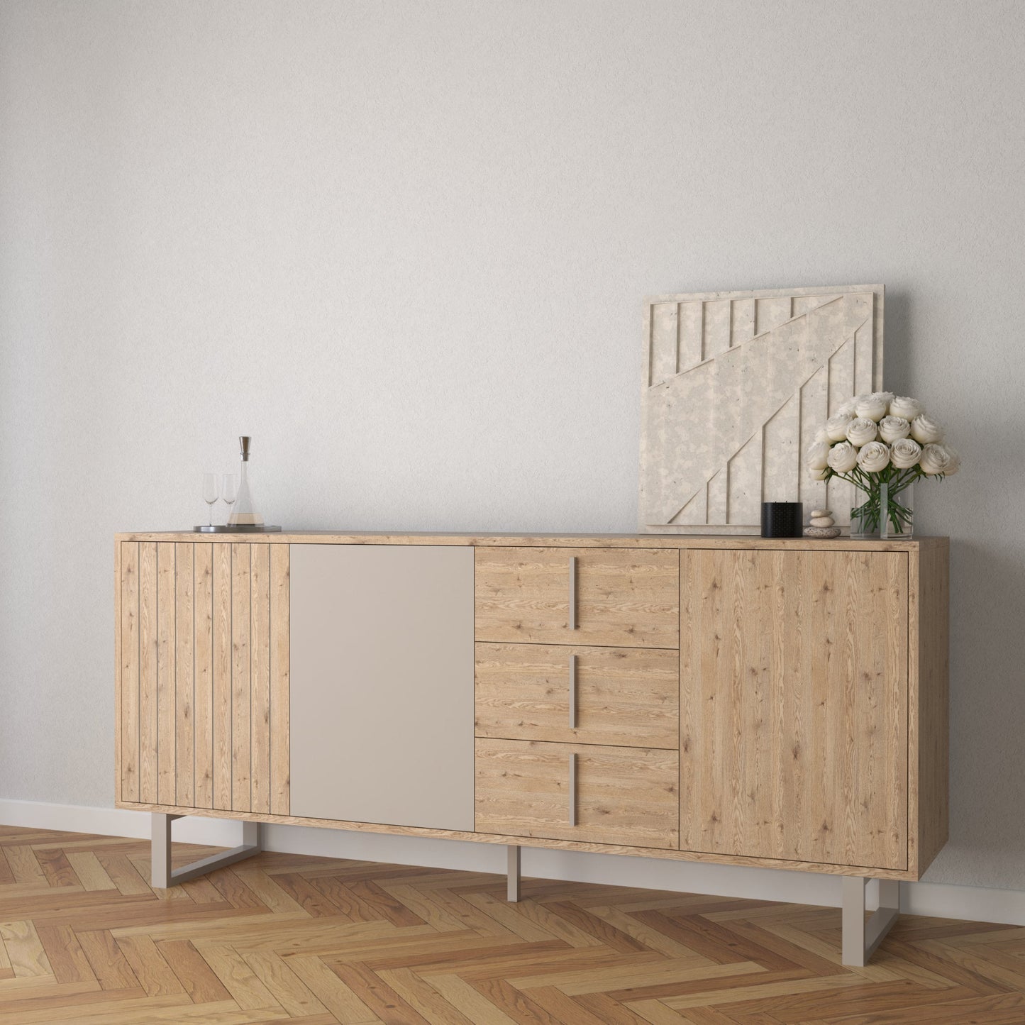 Millay Sideboard, Three Door, Three Drawer - Light Oak and Taupe Finish