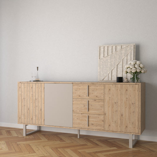 Millay Sideboard, Three Door, Three Drawer - Light Oak and Taupe Finish