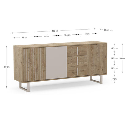 Millay Sideboard, Three Door, Three Drawer - Light Oak and Taupe Finish