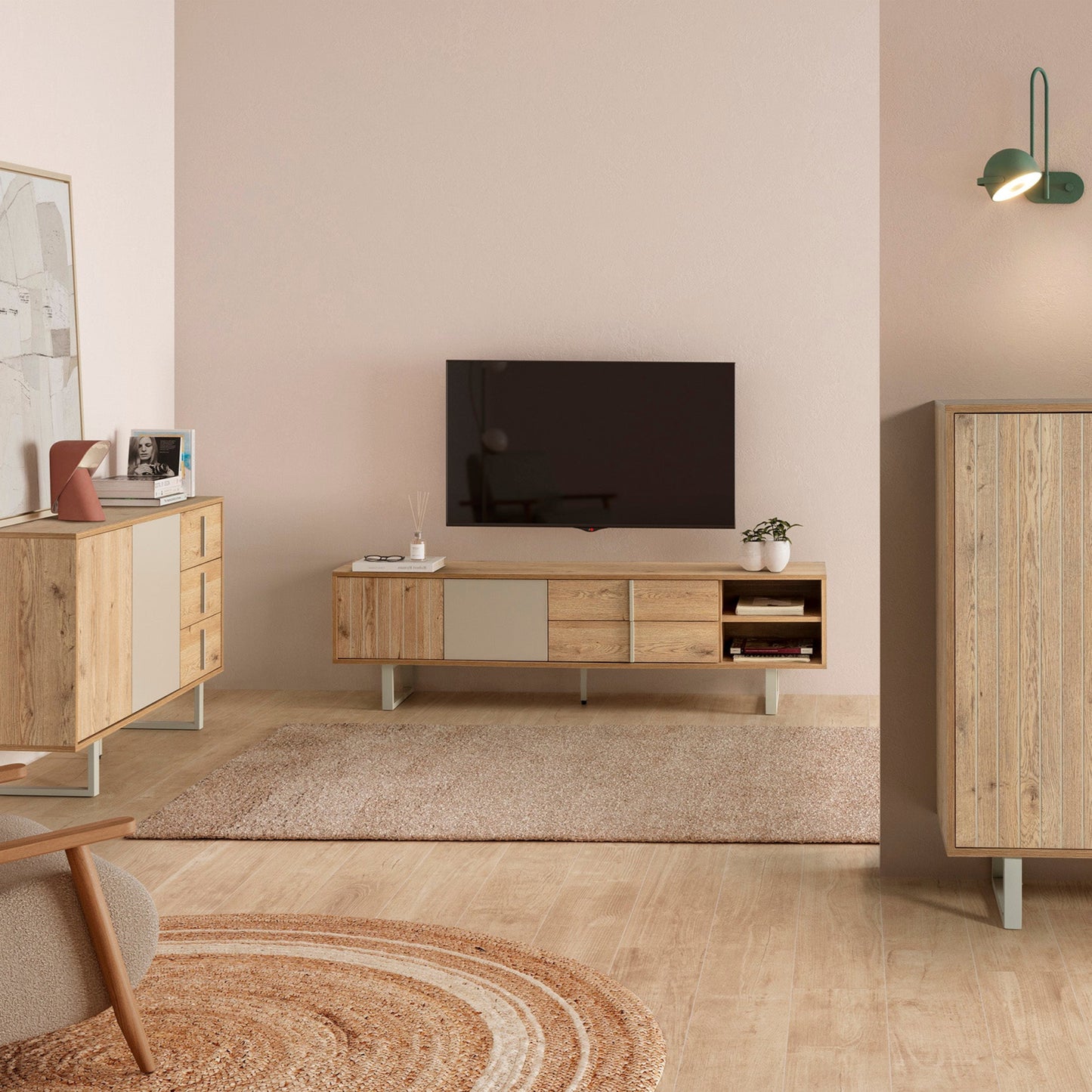 Millay TV Stand, Two Doors, Two Drawers - Light Oak and Taupe Finish