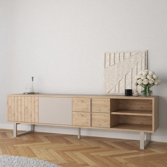Millay TV Stand, Two Doors, Two Drawers - Light Oak and Taupe Finish
