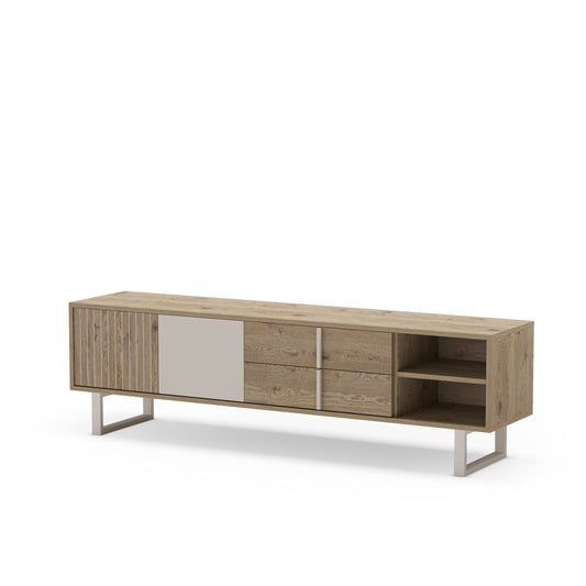 Wooden TV stand with metal legs on a white background