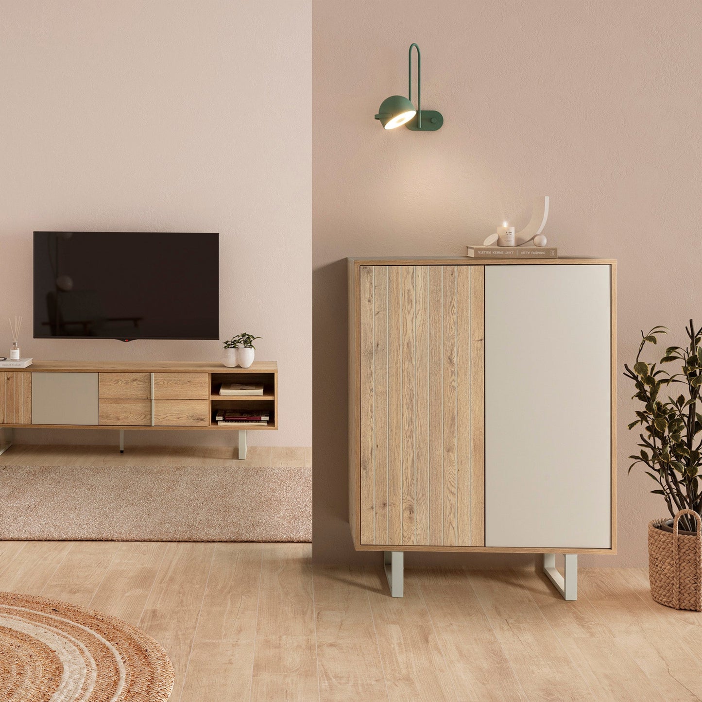 Millay High Sideboard, Two Doors - Light Oak and Taupe Finish