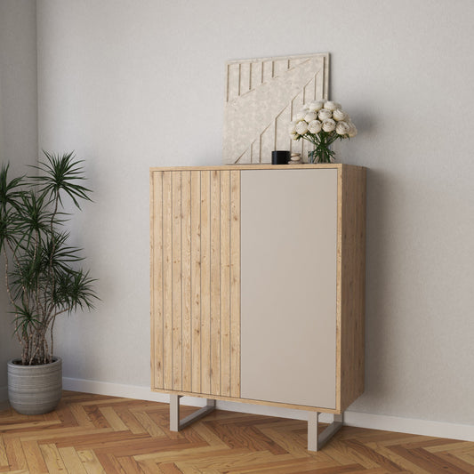 Millay High Sideboard, Two Doors - Light Oak and Taupe Finish
