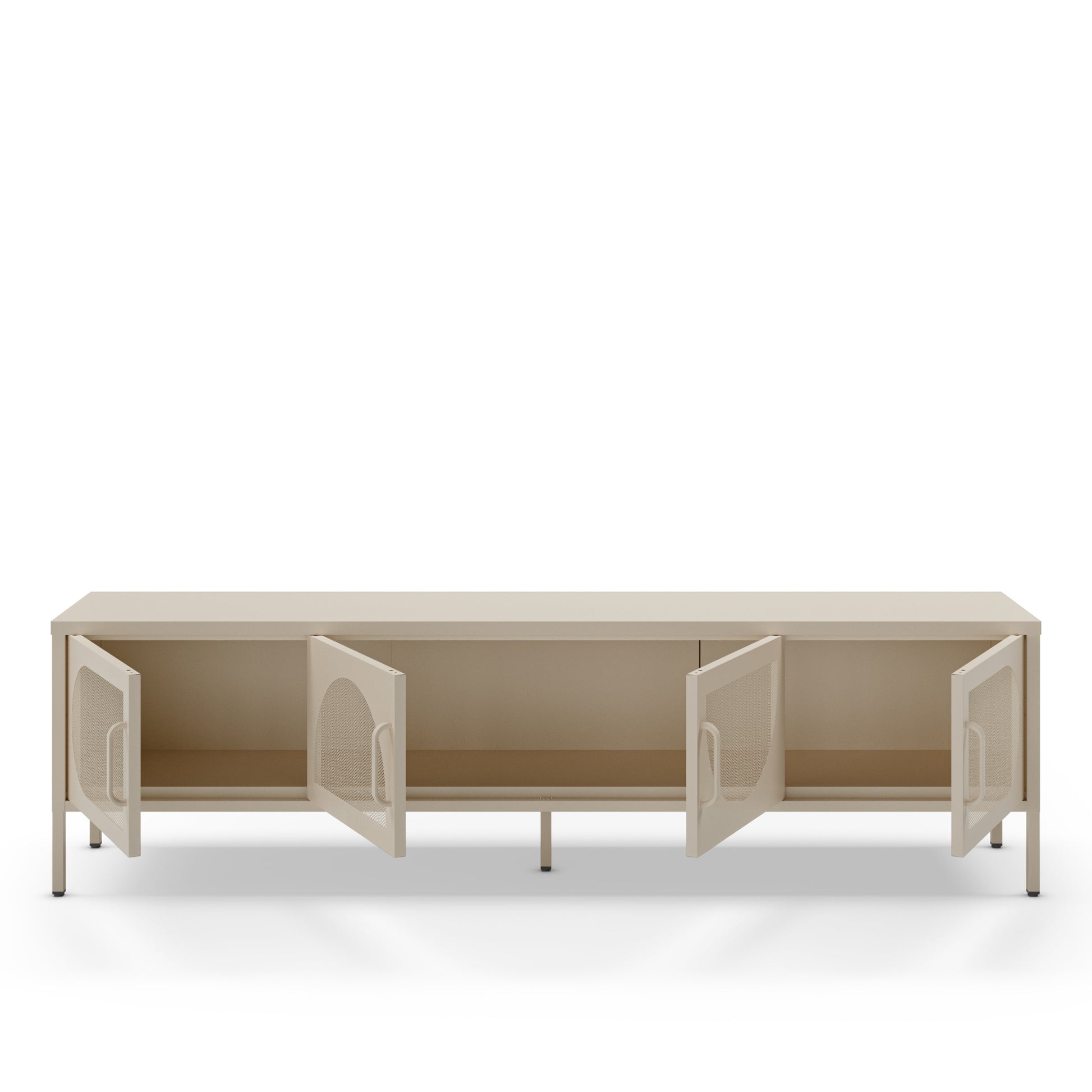 A modern low-profile media console cabinet in a light beige finish, featuring three doors with arched cutouts on the front and open shelving inside, shown against a plain white background.