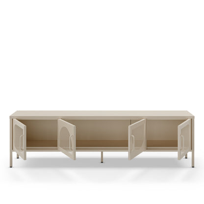 A modern low-profile media console cabinet in a light beige finish, featuring three doors with arched cutouts on the front and open shelving inside, shown against a plain white background.