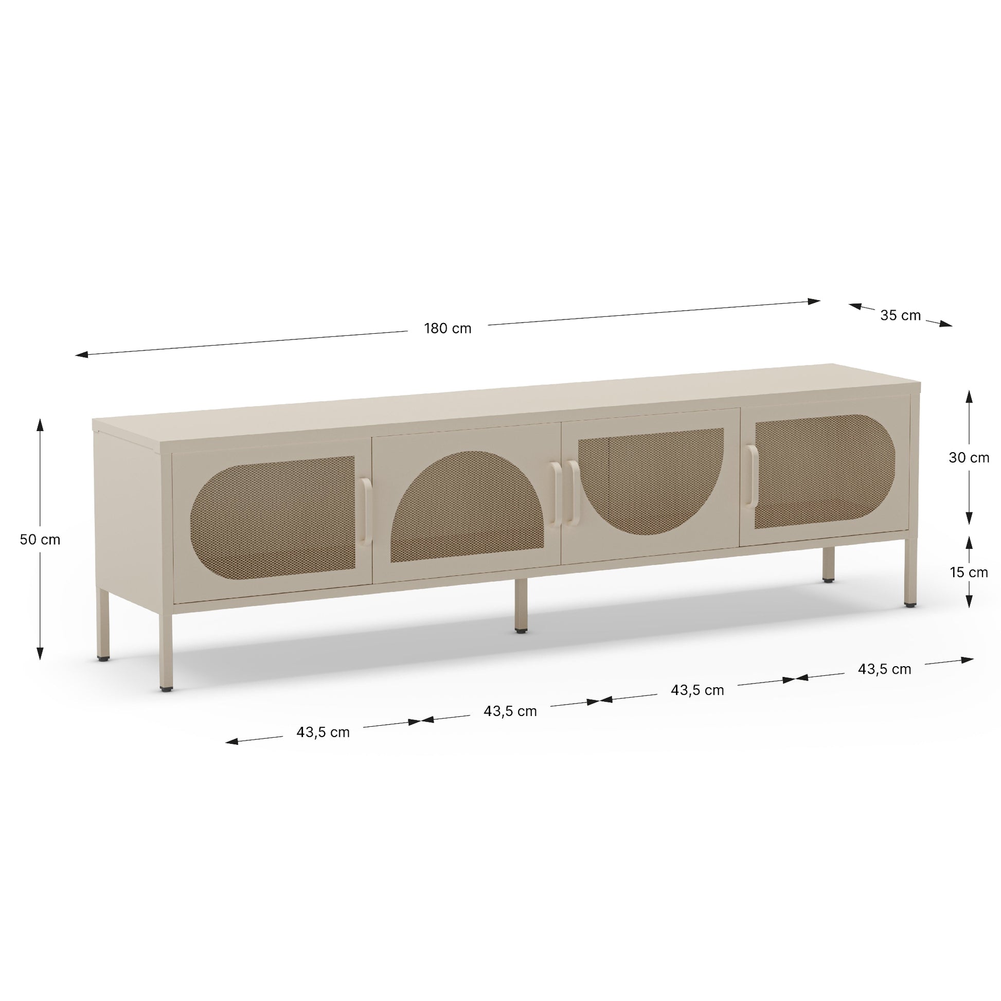 A long sideboard or media console with three arched glass-front doors, shown on a white background with dimension lines and measurements indicating 180 cm length, 50 cm height, 35 cm depth, and door widths of 43.5 cm.