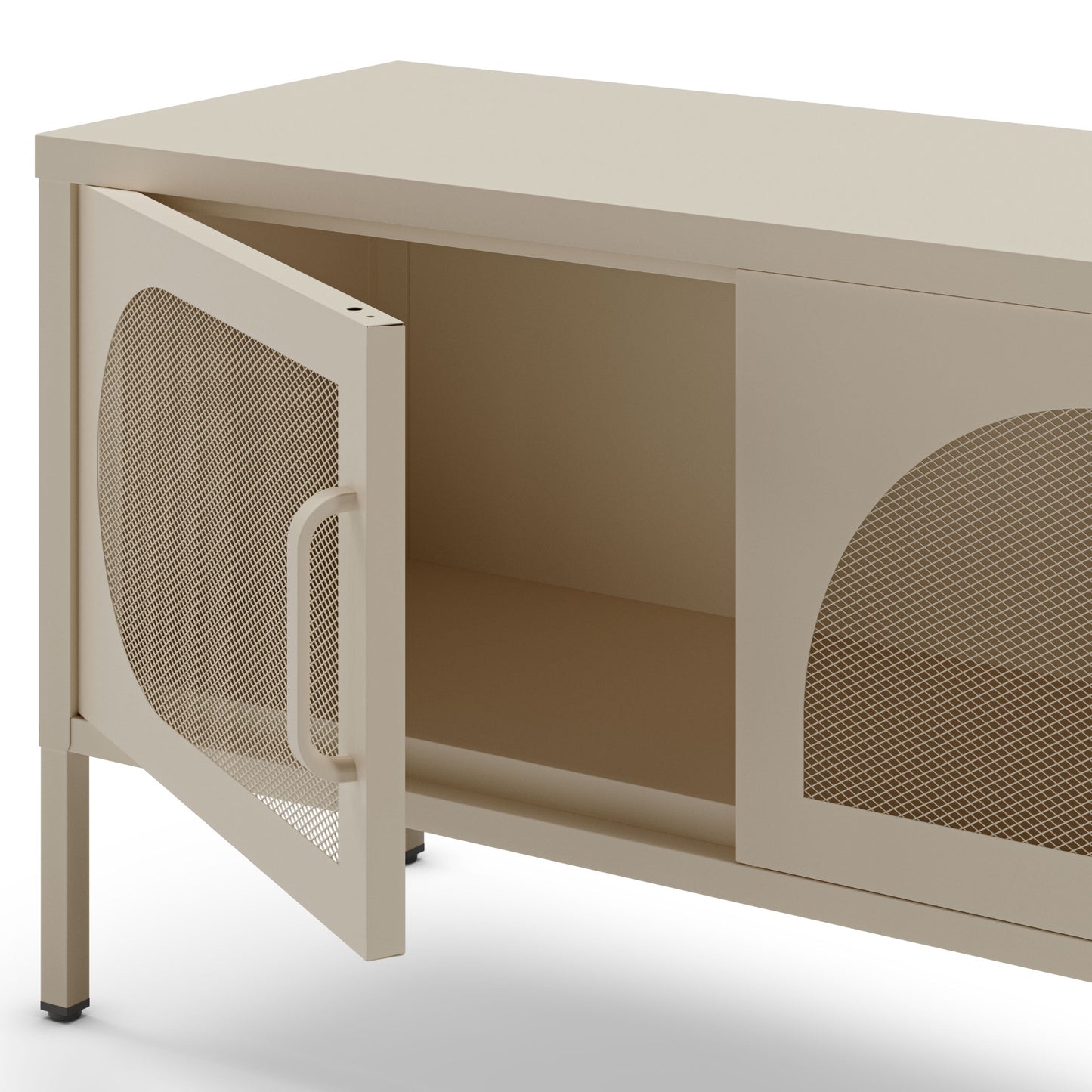 A modern sideboard cabinet in a warm beige finish, featuring a partially open door with a mesh panel and handle, and a closed door with a matching mesh insert, shown on a white background.