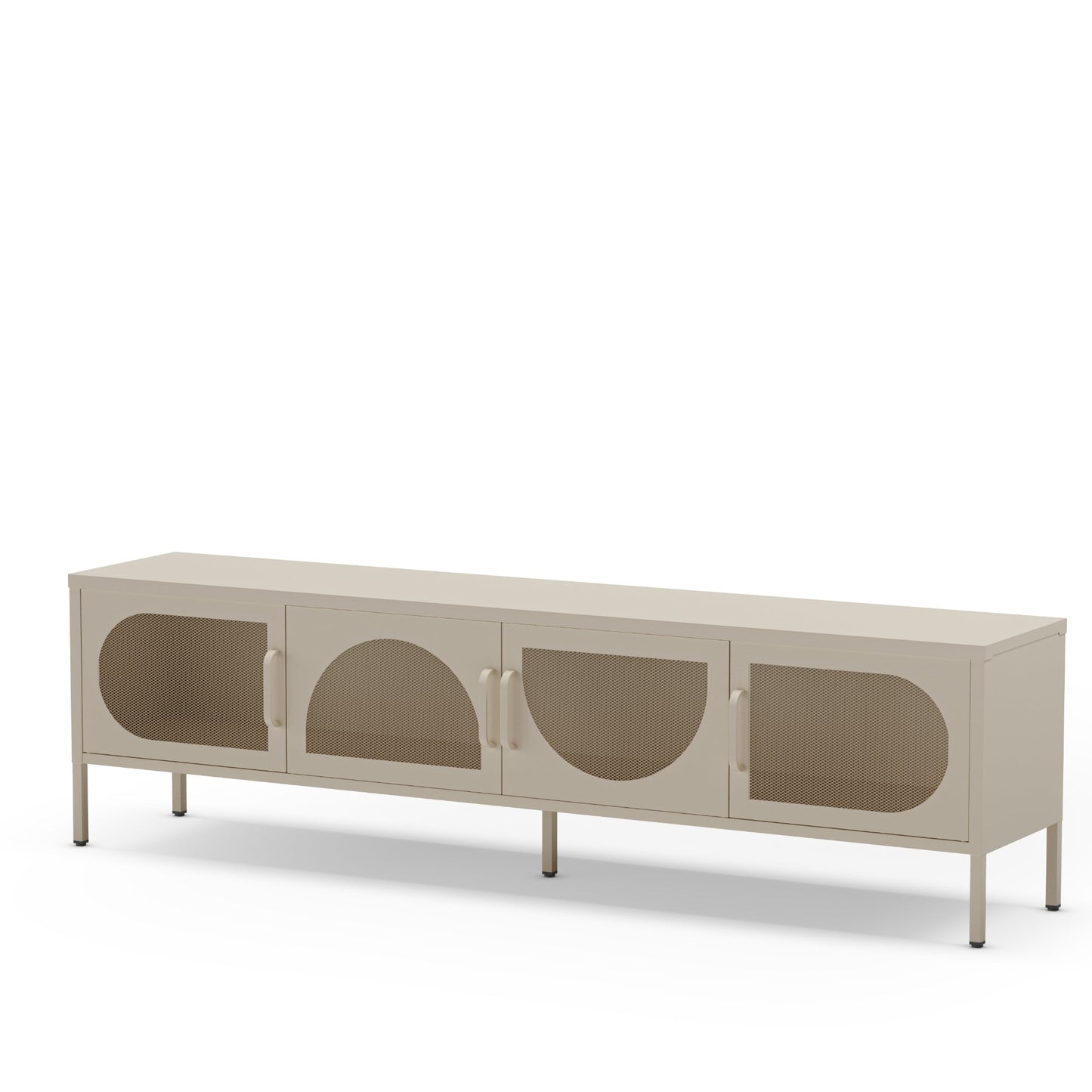 A long low sideboard cabinet with four arched glass-front doors and slim metal legs, shown on a plain white studio background.