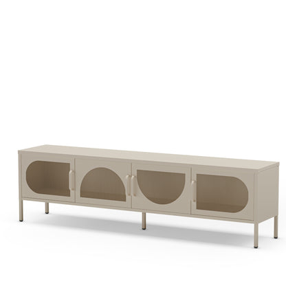 A long low sideboard cabinet with four arched glass-front doors and slim metal legs, shown on a plain white studio background.