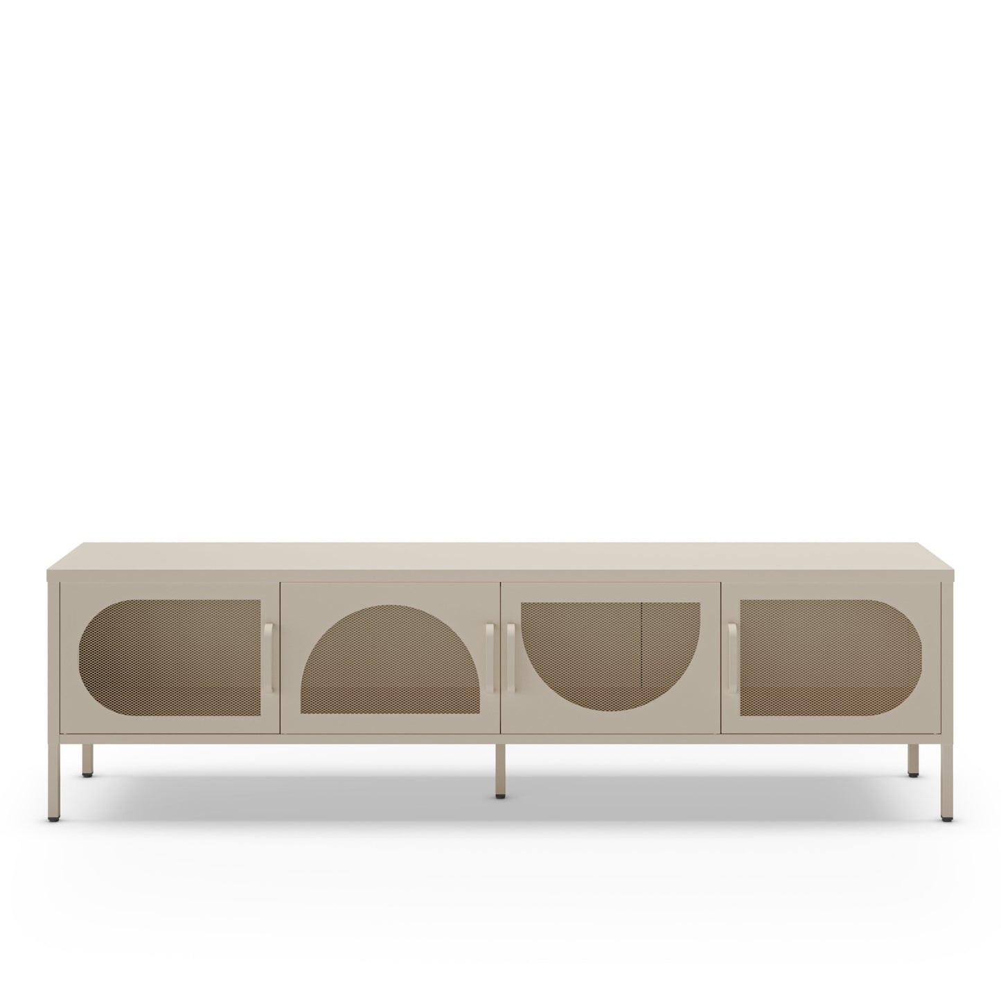 A modern low-profile sideboard or media console with a light beige finish, featuring four cabinet doors with arched cutouts and slim metal legs, shown against a plain white background.