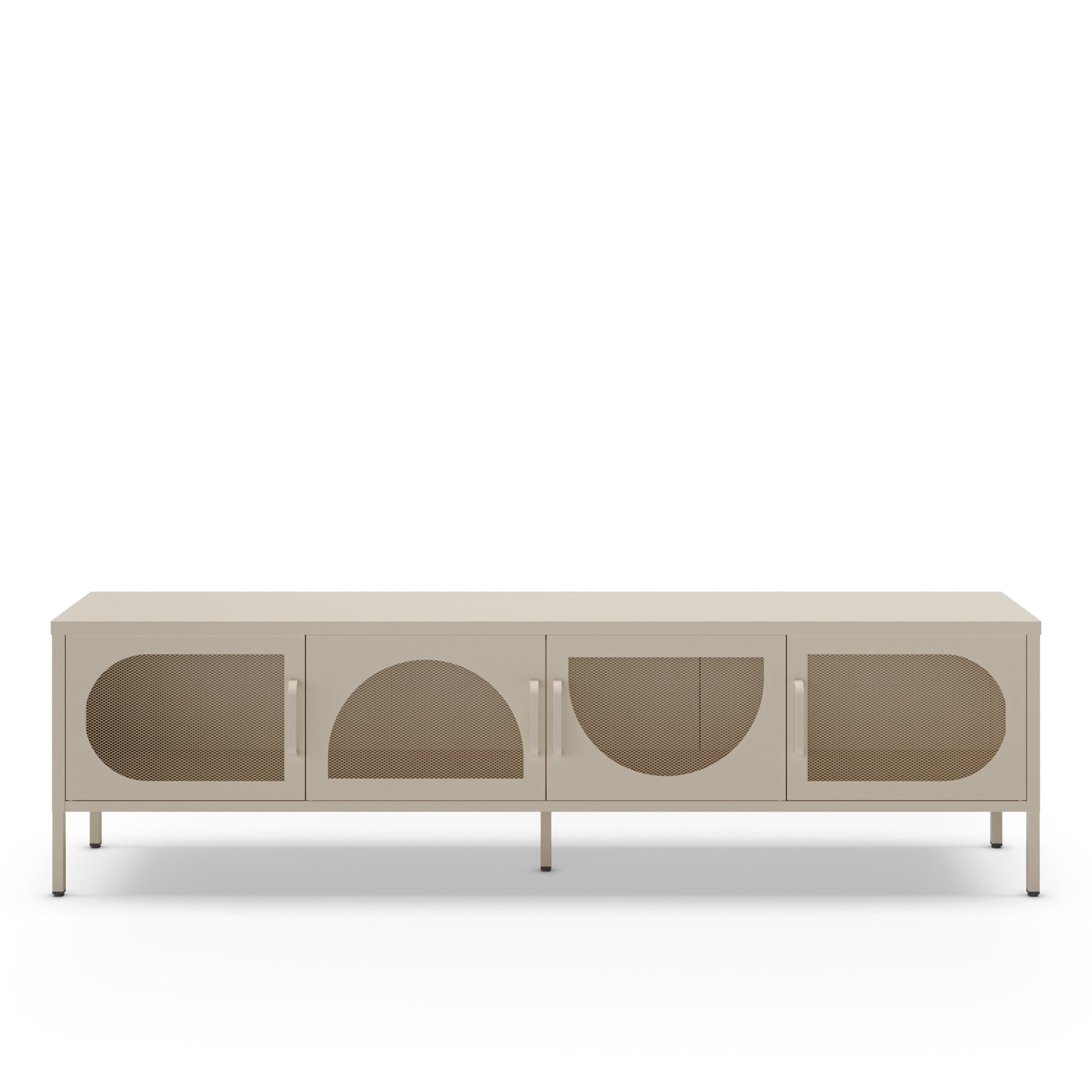 A modern low-profile sideboard or media console with a light beige finish, featuring four cabinet doors with arched cutouts and slim metal legs, shown against a plain white background.