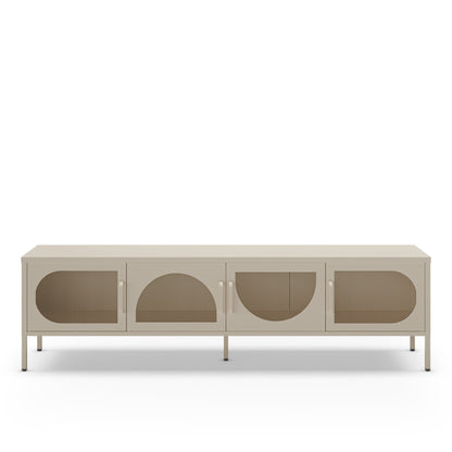 A modern low-profile sideboard or media console with a light beige finish, featuring four cabinet doors with arched cutouts and slim metal legs, shown against a plain white background.