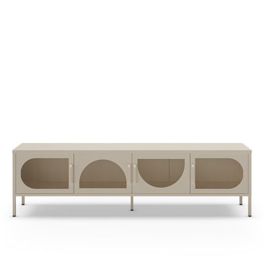 A modern low-profile sideboard or media console with a light beige finish, featuring four cabinet doors with arched cutouts and slim metal legs, shown against a plain white background.