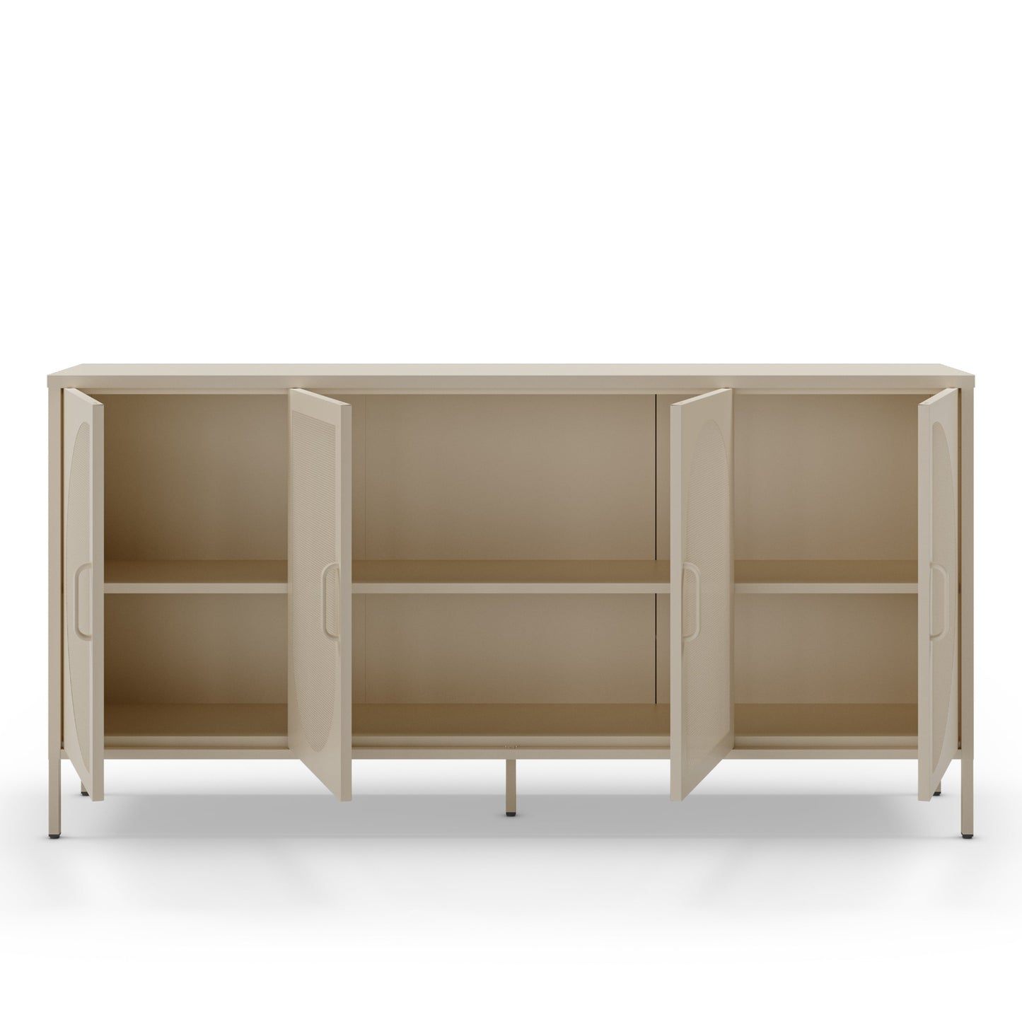 A modern sideboard cabinet with three open doors, showing an open interior with two shelves, in a light beige finish against a white background.