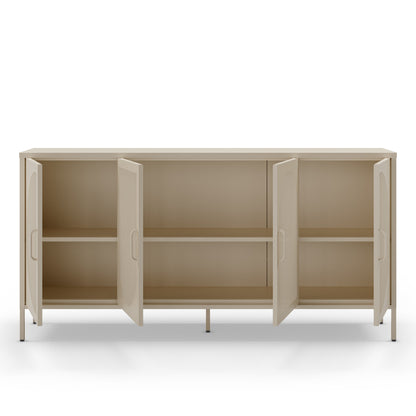 A modern sideboard cabinet with three open doors, showing an open interior with two shelves, in a light beige finish against a white background.