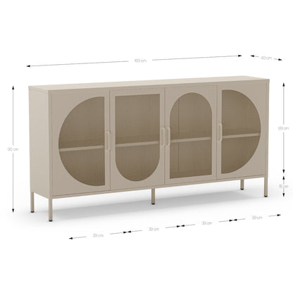 A sideboard cabinet with four arched glass doors and metal legs, shown with dimension lines and labels indicating measurements of 160 cm width, 90 cm height, and 30 cm door spacing.