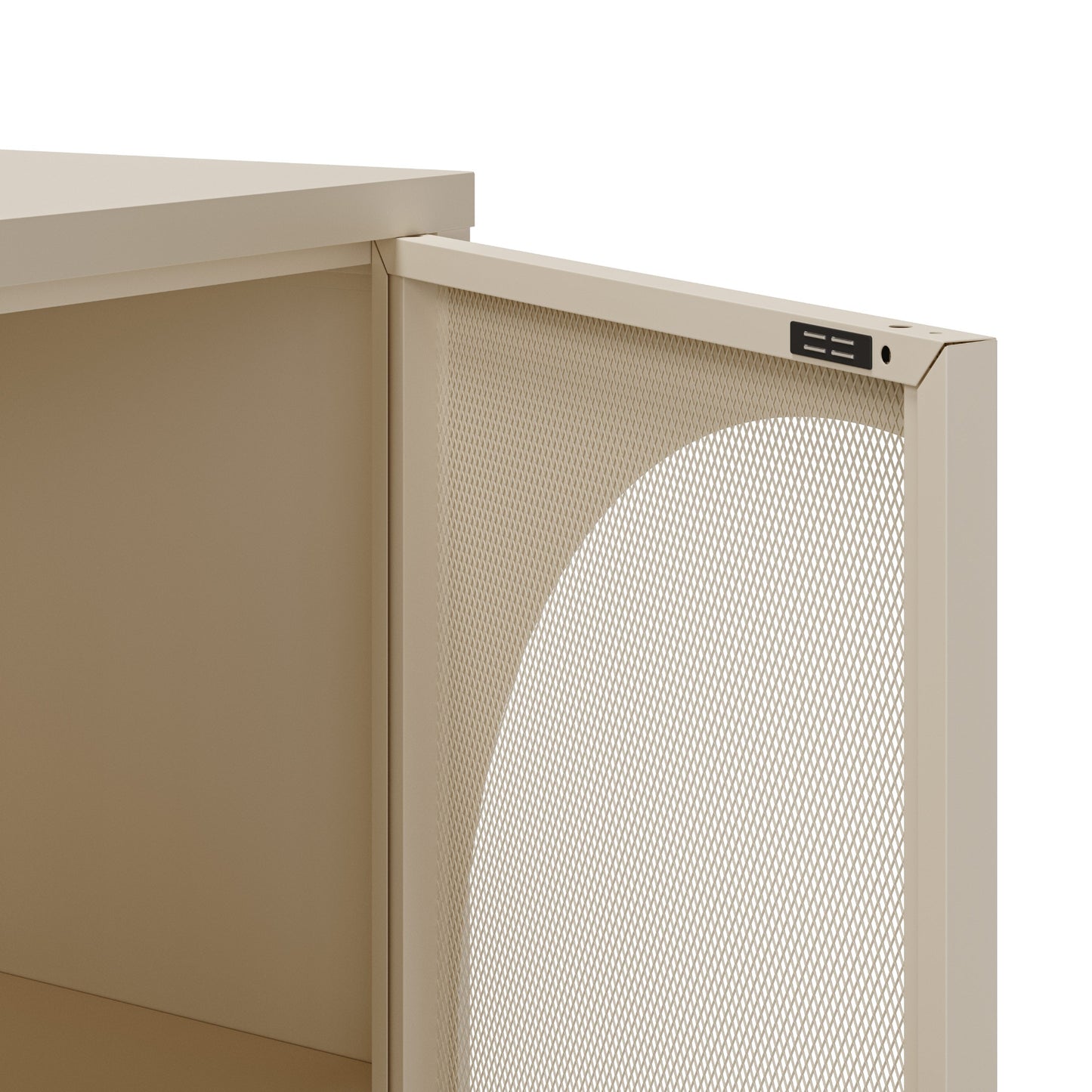 Close-up of a beige metal storage cabinet door with a perforated mesh panel and a small black control switch, shown against a white background.