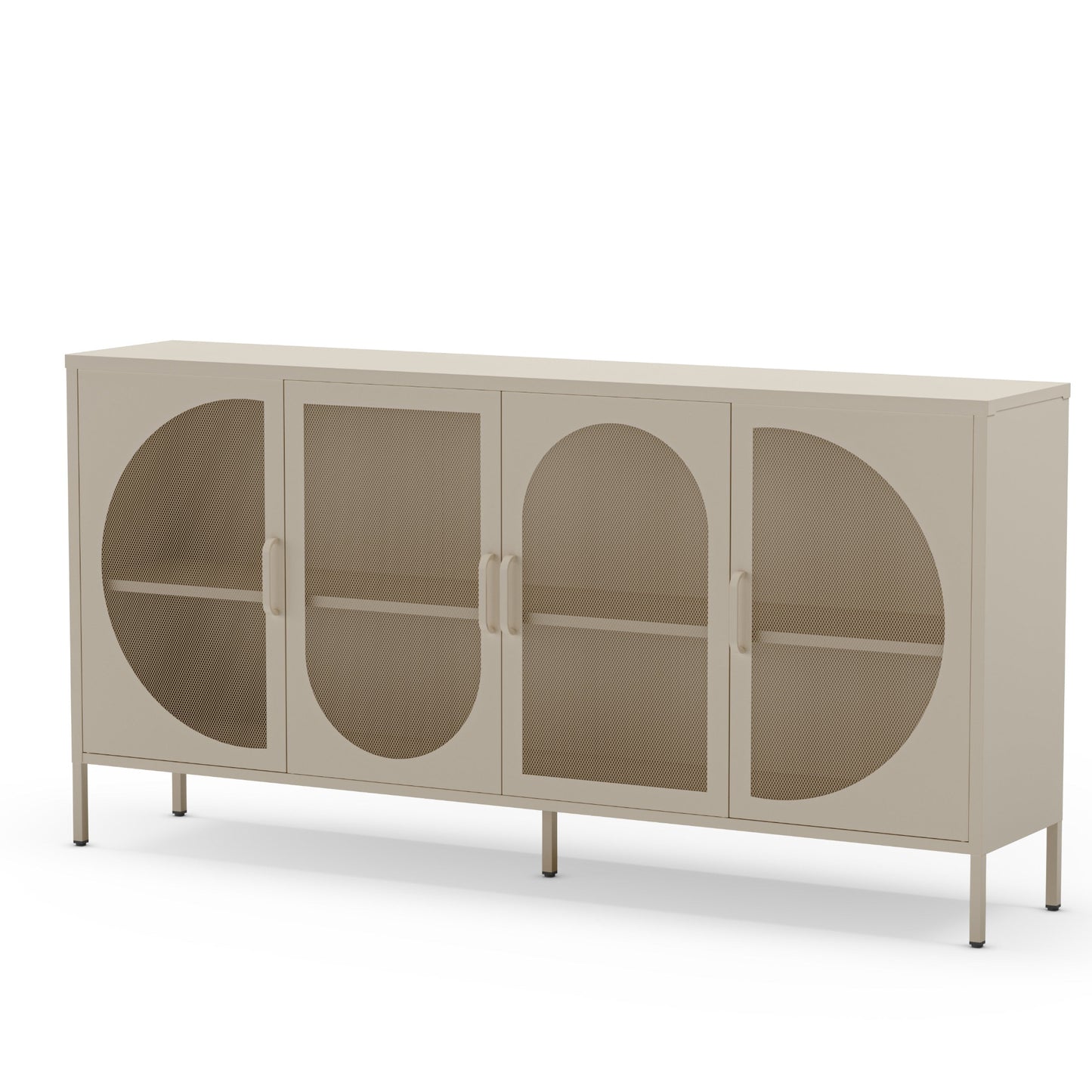A modern sideboard cabinet with four doors featuring arched cutouts, finished in a light warm beige tone with slim metal legs and simple handles.