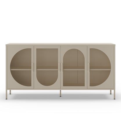 A modern sideboard cabinet with four doors, featuring arched and semi-circular cutouts in a warm beige finish, supported by slim legs on a white background.