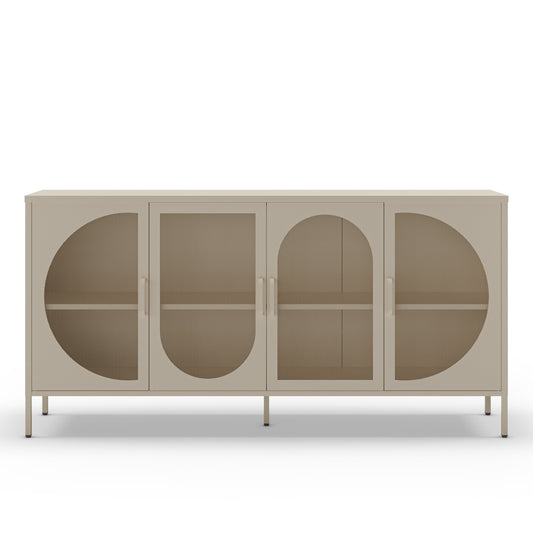 A modern sideboard cabinet with four doors, featuring arched and semi-circular cutouts in a warm beige finish, supported by slim legs on a white background.