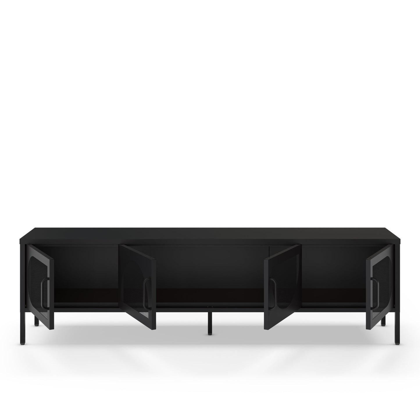 A modern black media console or sideboard with three open cabinet doors, shown against a plain white background.
