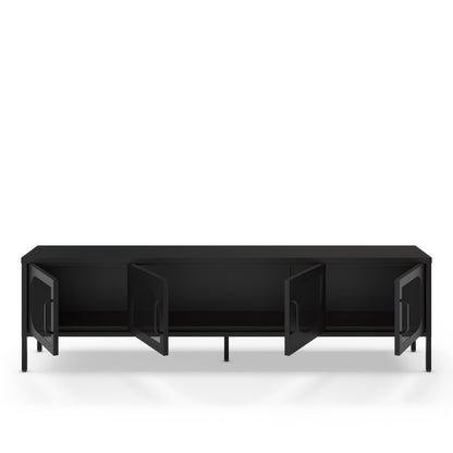 A modern black media console or sideboard with three open cabinet doors, shown against a plain white background.