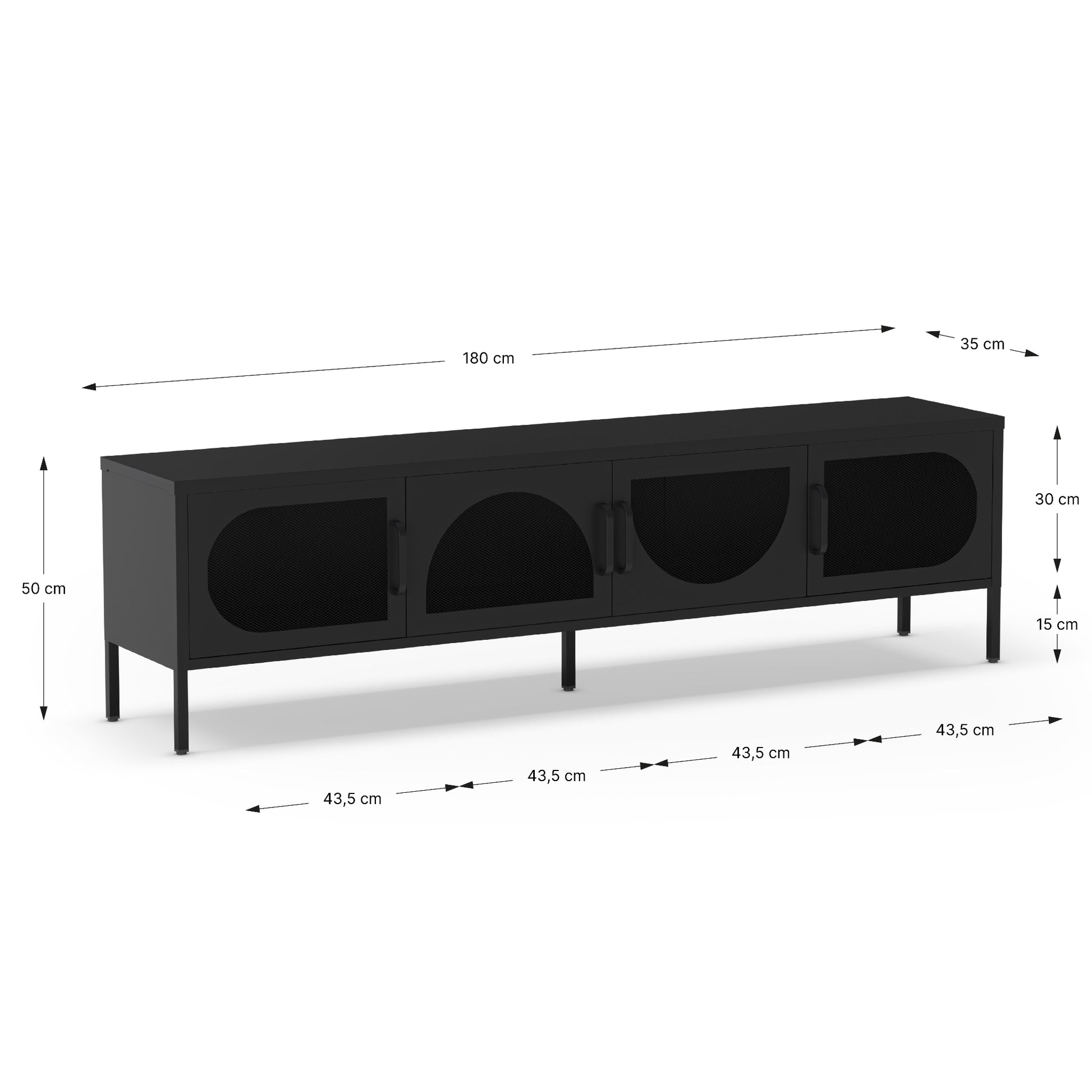Black sideboard with three arched glass doors, shown with dimension lines and measurements indicating 180 cm length, 50 cm height, 35 cm depth, and 43.5 cm width per door.