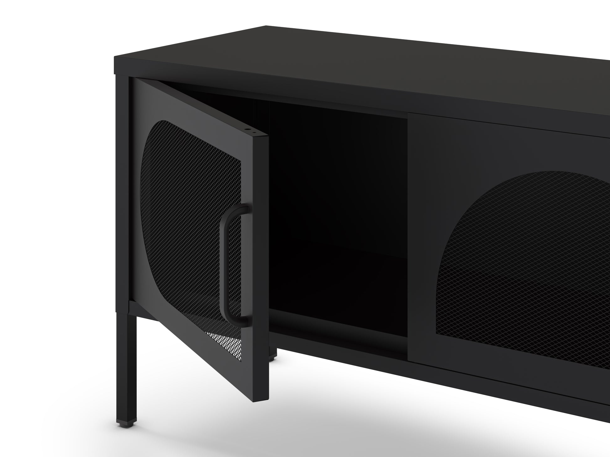 A modern black media console or sideboard with a matte finish, featuring a single open door with a mesh panel and handle on the left, and a sliding door with a mesh panel on the right. The cabinet stands on slim legs against a clean white background.