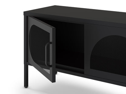 A modern black media console or sideboard with a matte finish, featuring a single open door with a mesh panel and handle on the left, and a sliding door with a mesh panel on the right. The cabinet stands on slim legs against a clean white background.