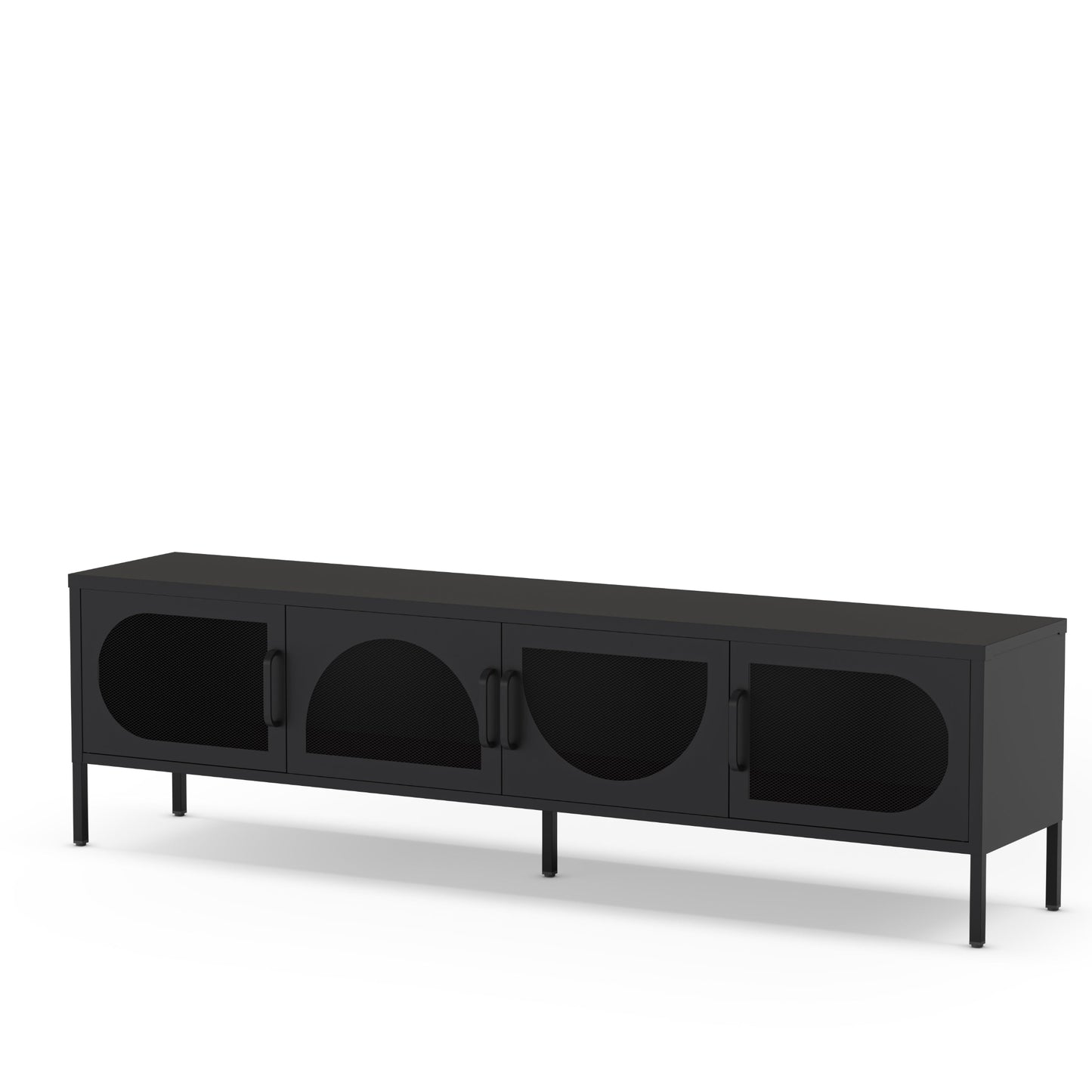 A modern black media console with three cabinet doors featuring arched cutouts and slim black legs, shown on a plain white background.
