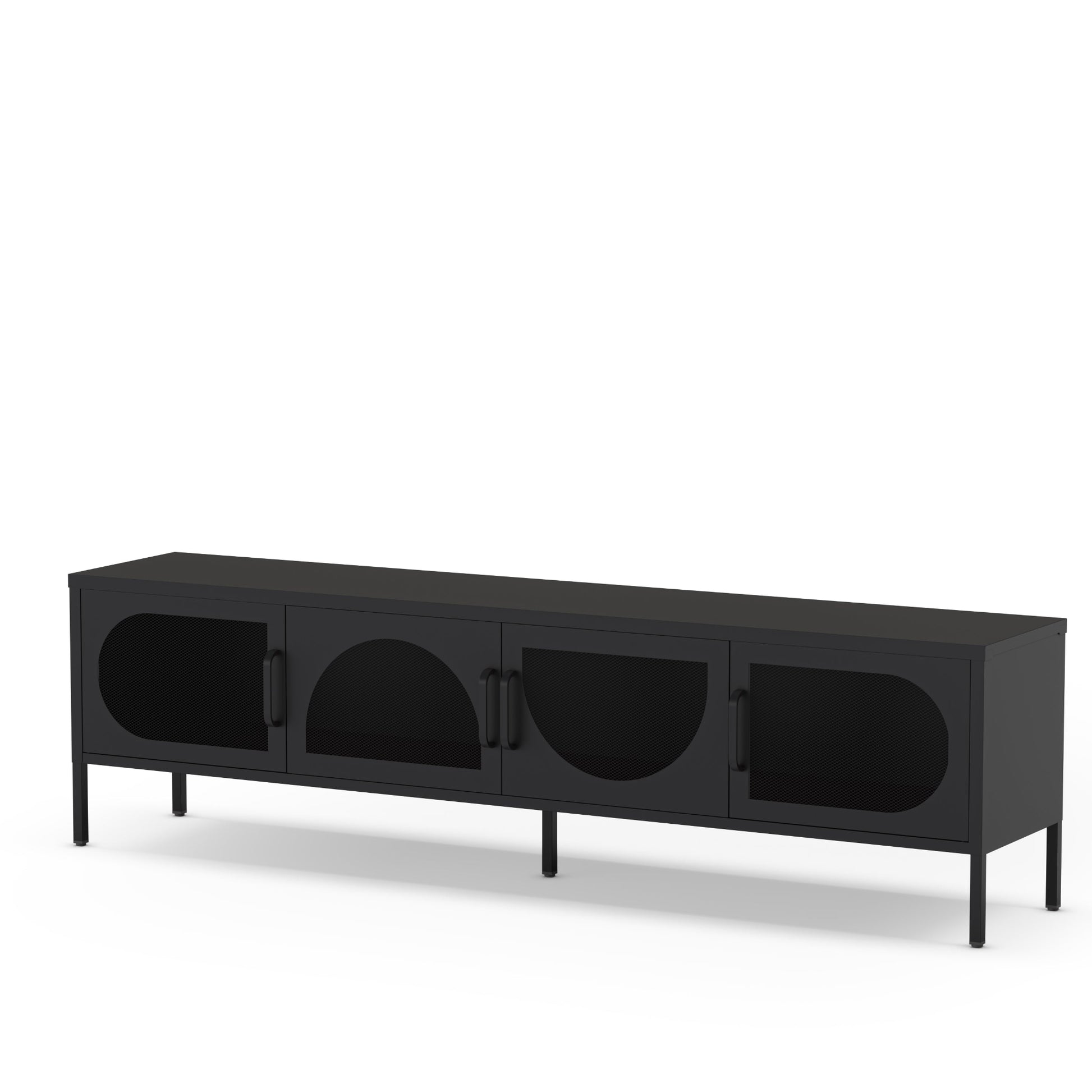 A modern black media console with three cabinet doors featuring arched cutouts and slim black legs, shown on a plain white background.