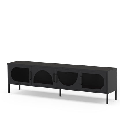 A modern black media console with three cabinet doors featuring arched cutouts and slim black legs, shown on a plain white background.