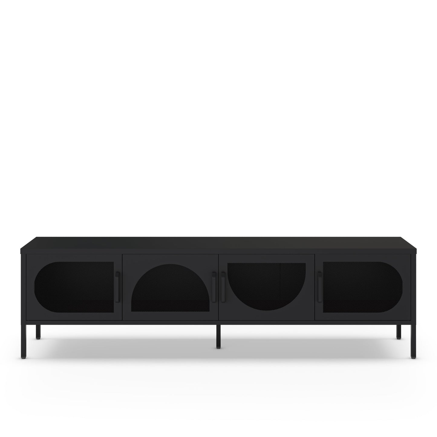A modern black media console or sideboard with four cabinet doors featuring arched cutouts, shown against a plain white background.