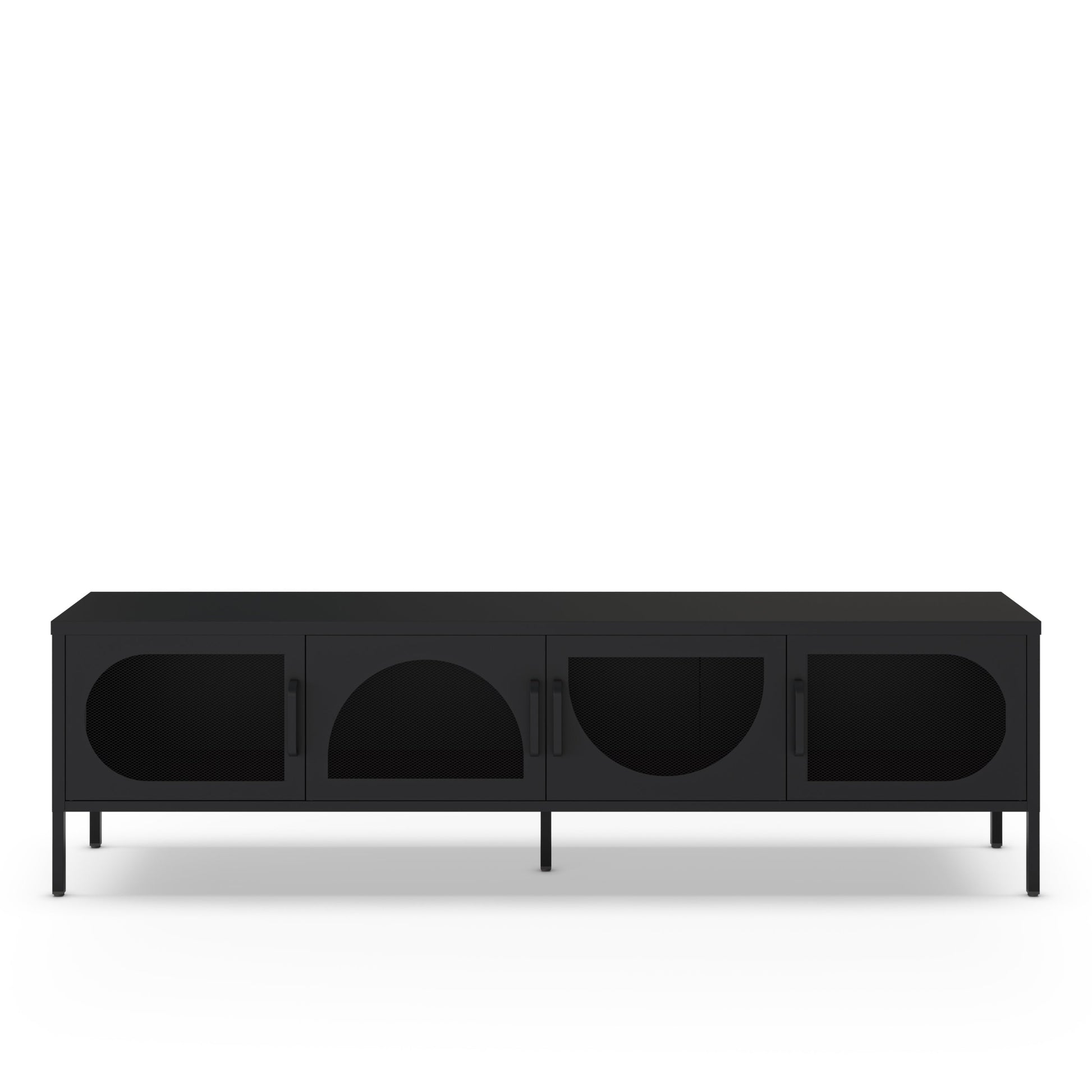 A modern black media console or sideboard with four cabinet doors featuring arched cutouts, shown against a plain white background.