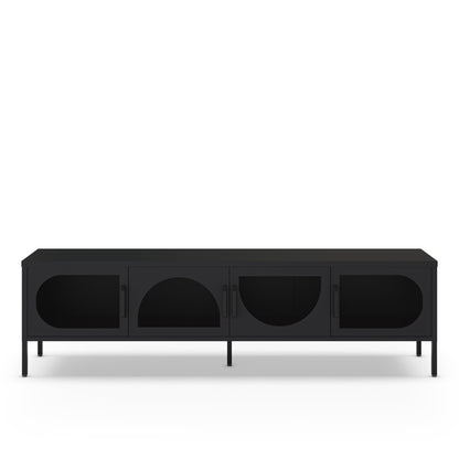 A modern black media console or sideboard with four cabinet doors featuring arched cutouts, shown against a plain white background.