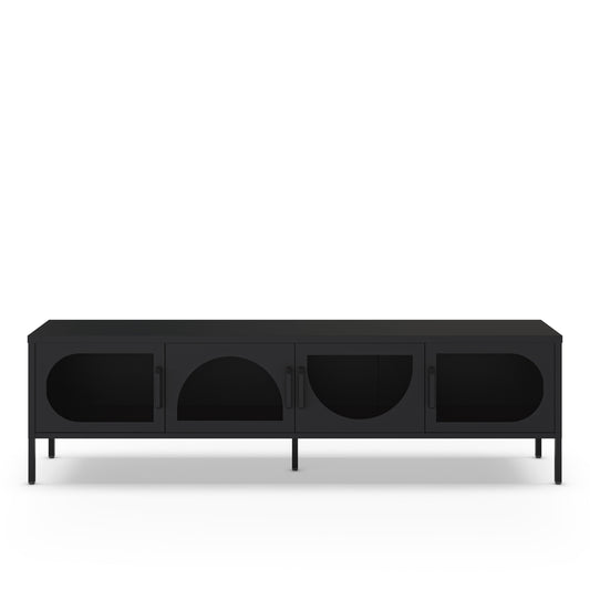 A modern black media console or sideboard with four cabinet doors featuring arched cutouts, shown against a plain white background.
