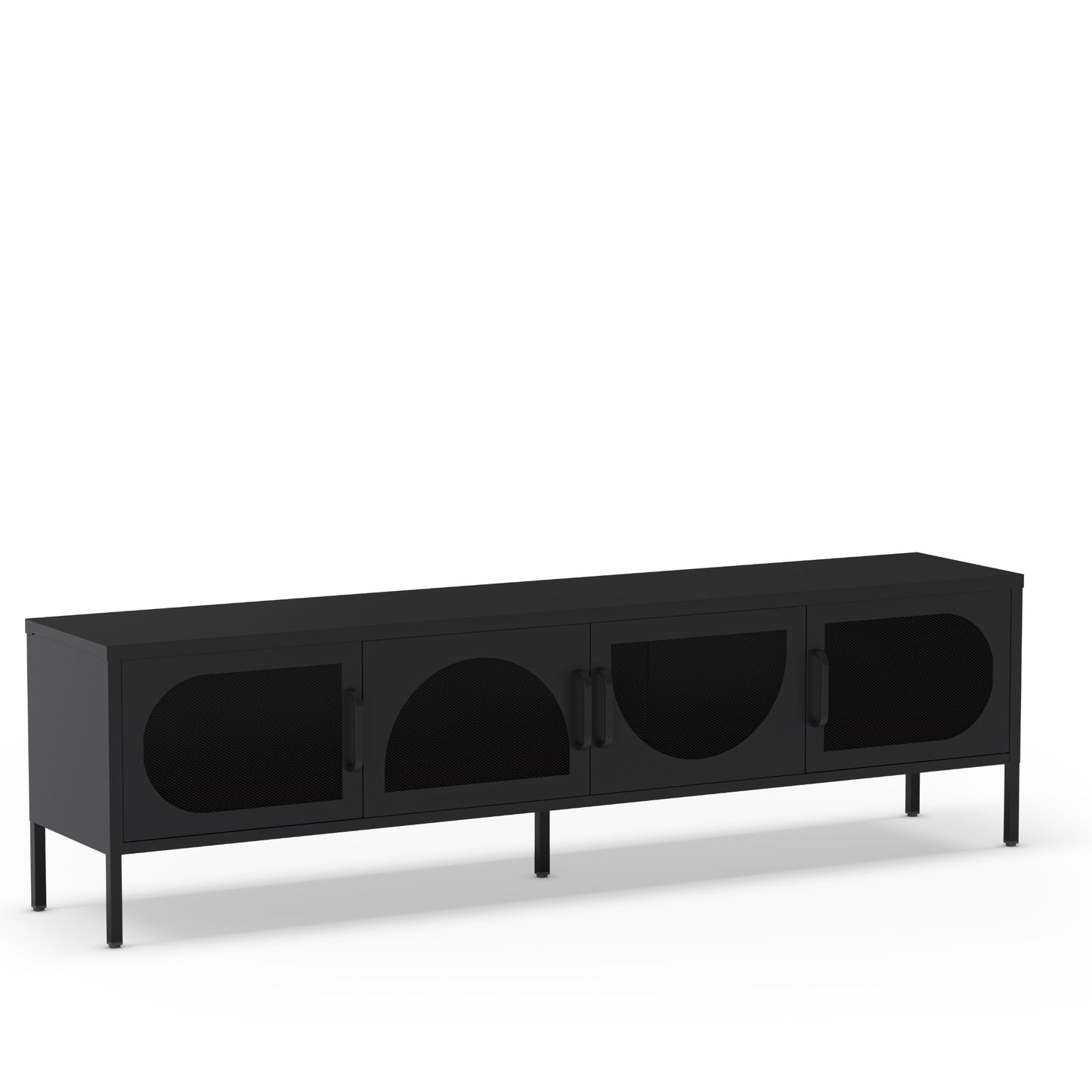 A modern black media console or sideboard with four cabinet doors featuring arched cutouts, shown on a clean white background.